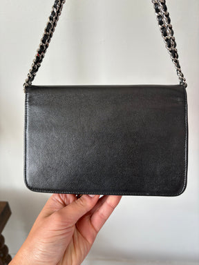 Chanel Black Irridescent Black Caviar Leather Wallet On Chain