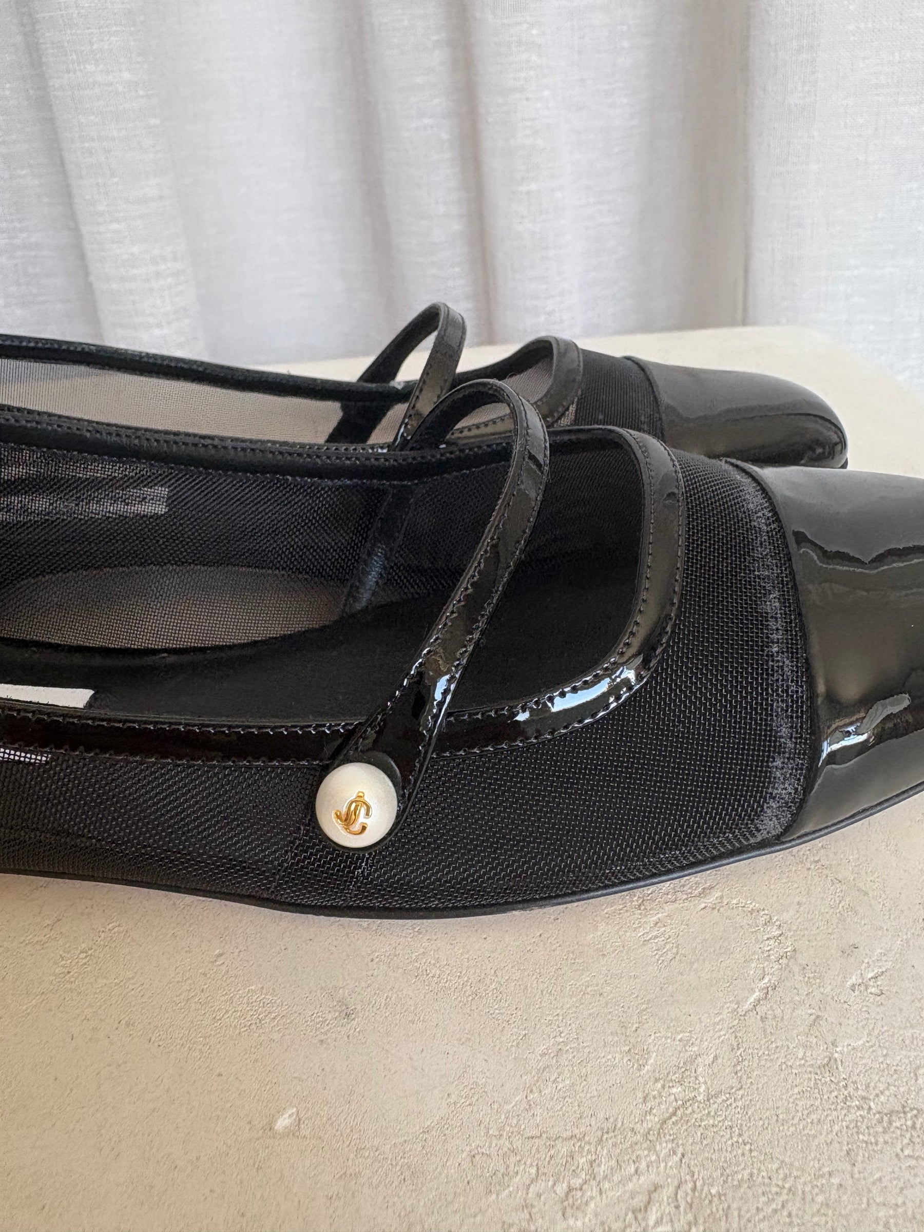 Jimmy Choo Black Mesh Pearl Detail Flats, 40.5
