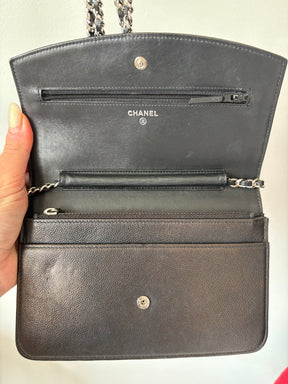 Chanel Black Irridescent Black Caviar Leather Wallet On Chain