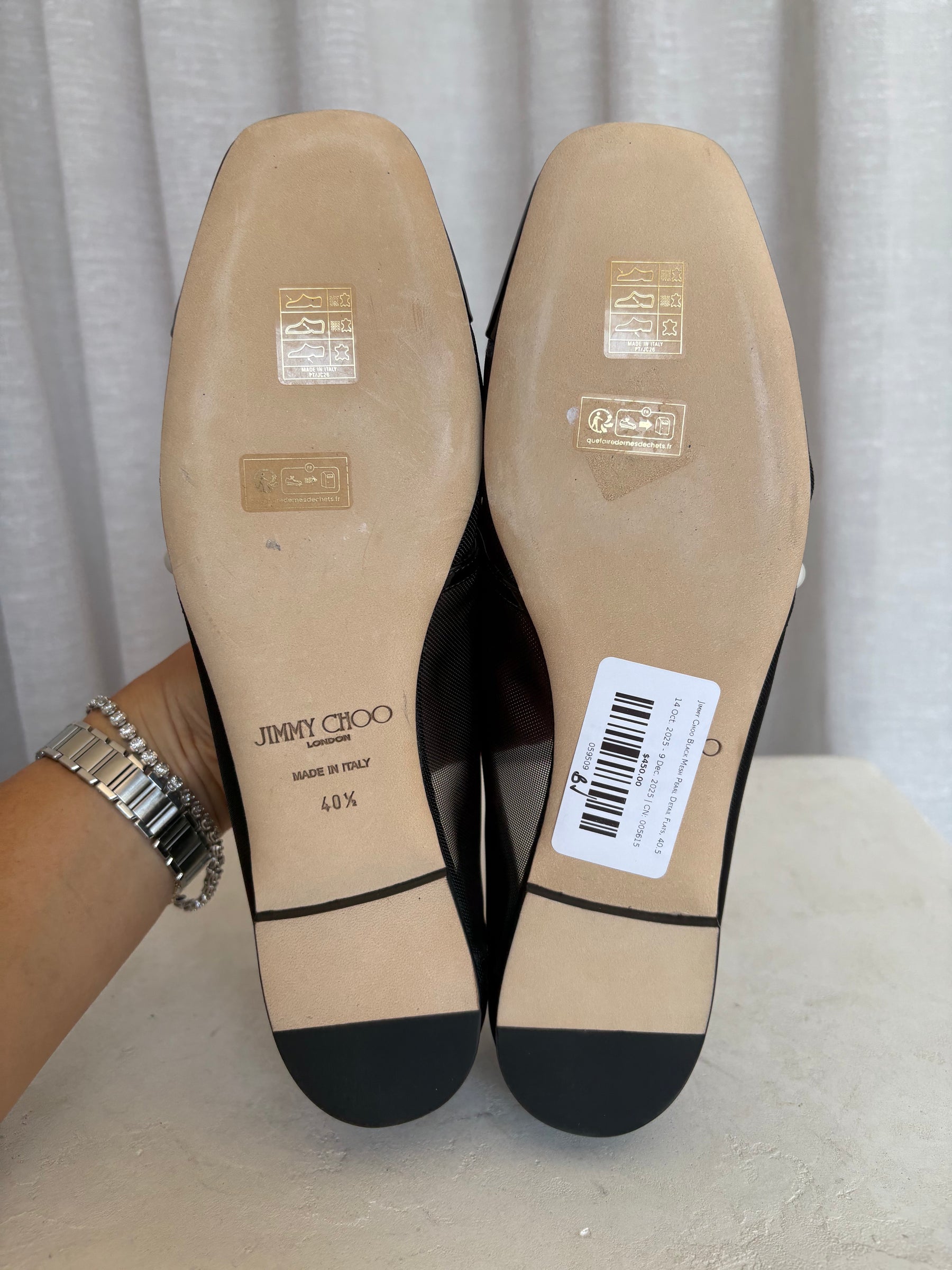 Jimmy Choo Black Mesh Pearl Detail Flats, 40.5