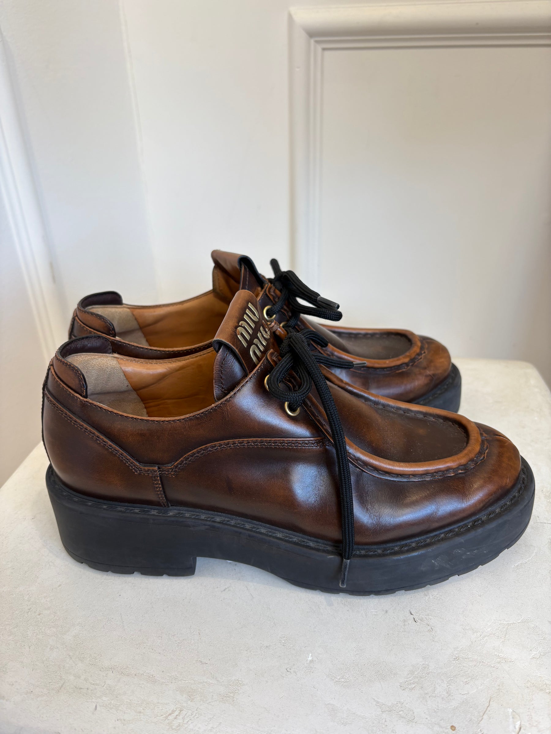 Miu Miu Brown Leather Platform Brogues, 40