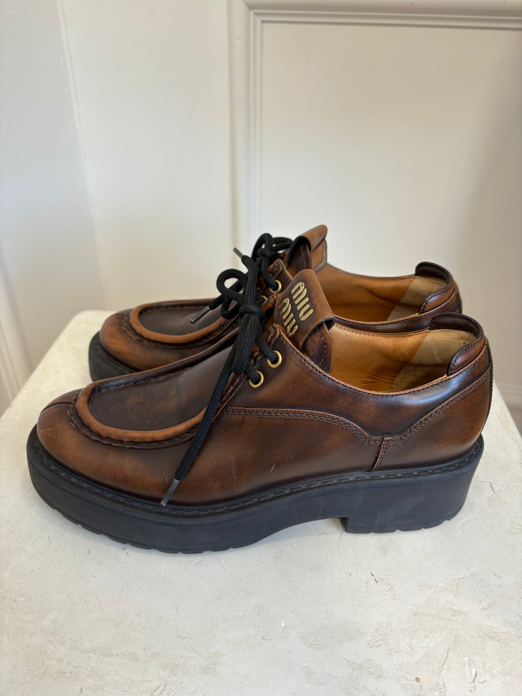Miu Miu Brown Leather Platform Brogues, 40