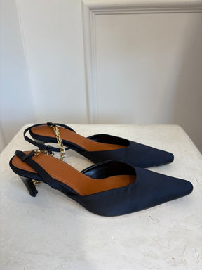 Camilla and Marc Black Satin Ankle Chain Slingback Pump, 36