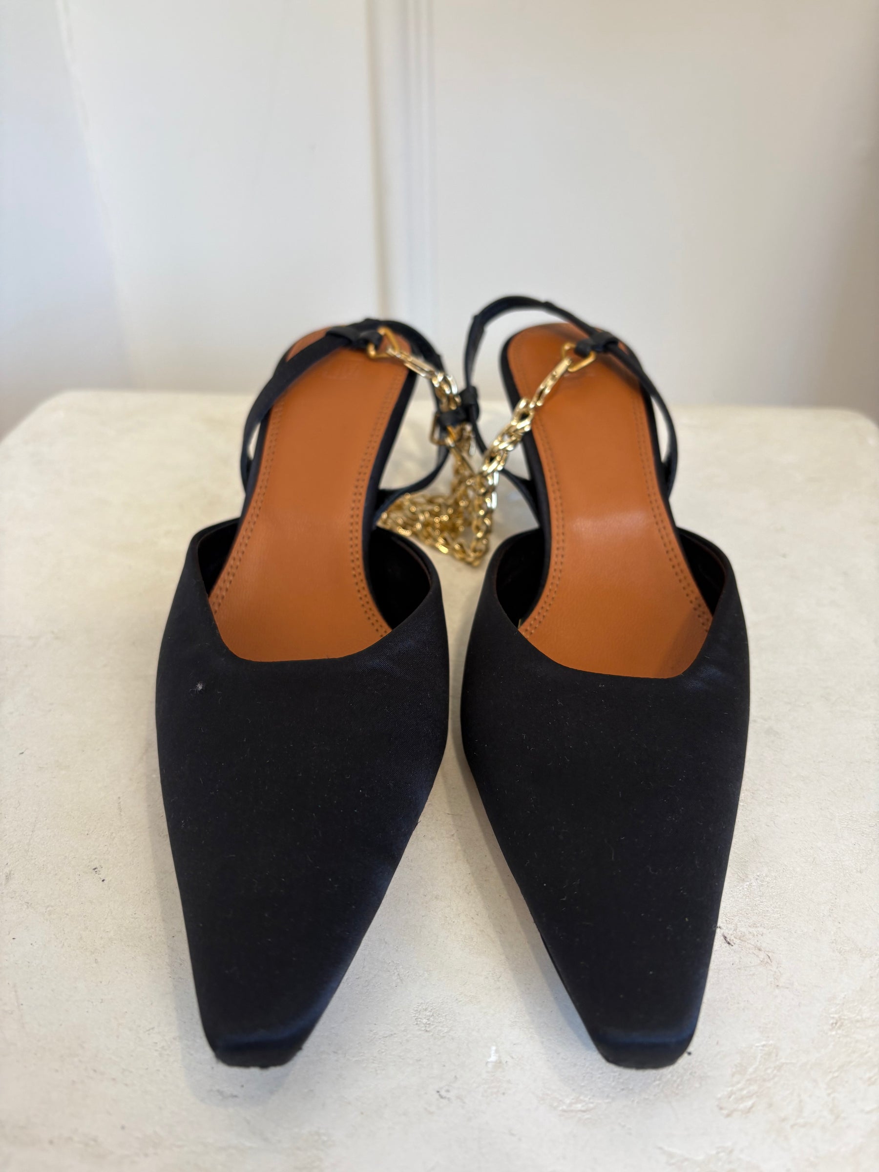 Camilla and Marc Black Satin Ankle Chain Slingback Pump, 36