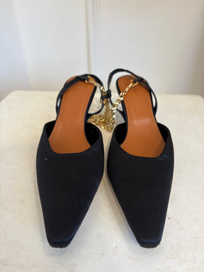Camilla and Marc Black Satin Ankle Chain Slingback Pump, 36