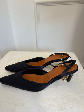 Camilla and Marc Black Satin Ankle Chain Slingback Pump, 36