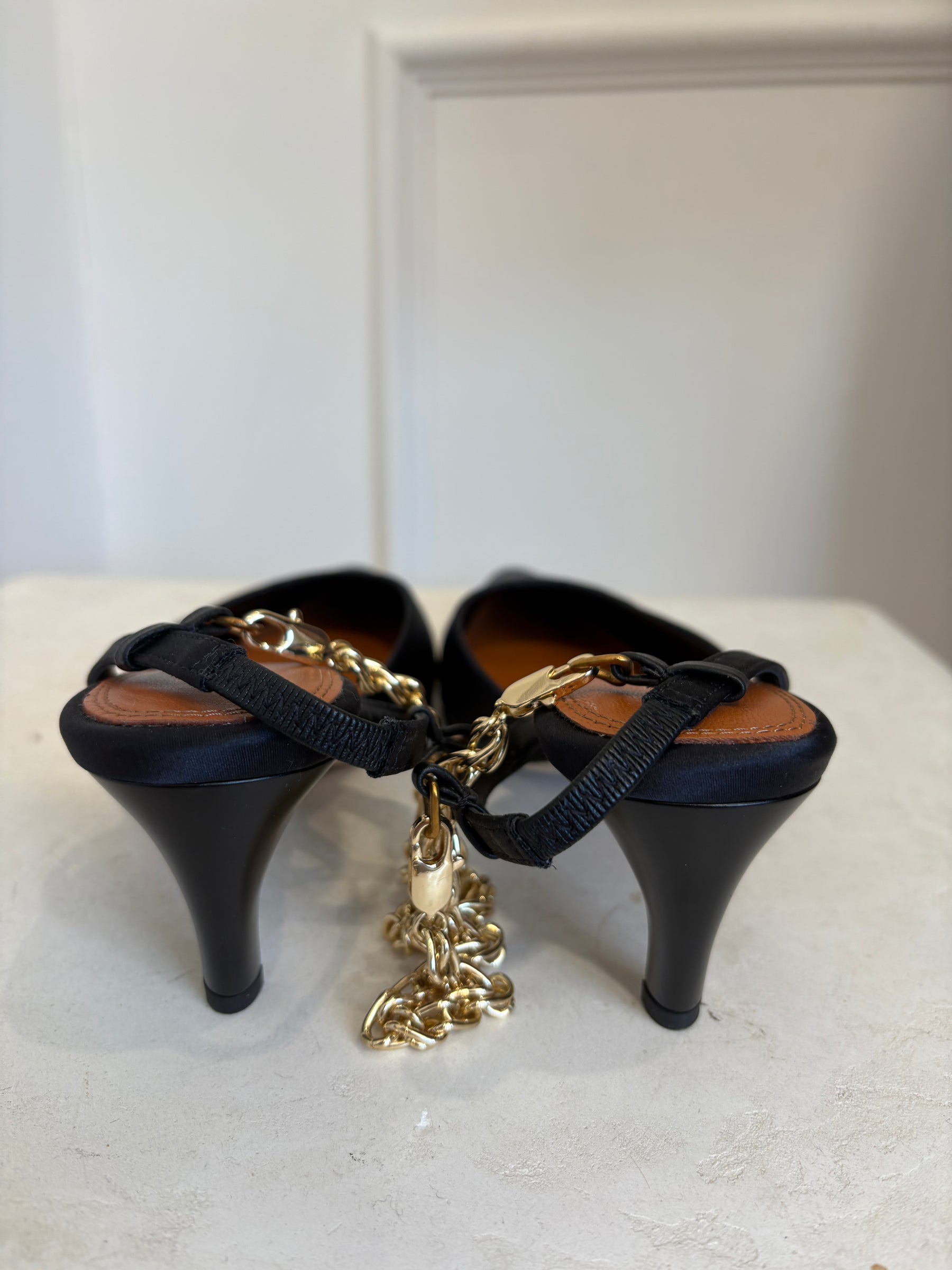 Camilla and Marc Black Satin Ankle Chain Slingback Pump, 36