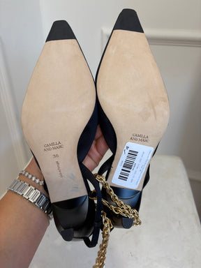 Camilla and Marc Black Satin Ankle Chain Slingback Pump, 36
