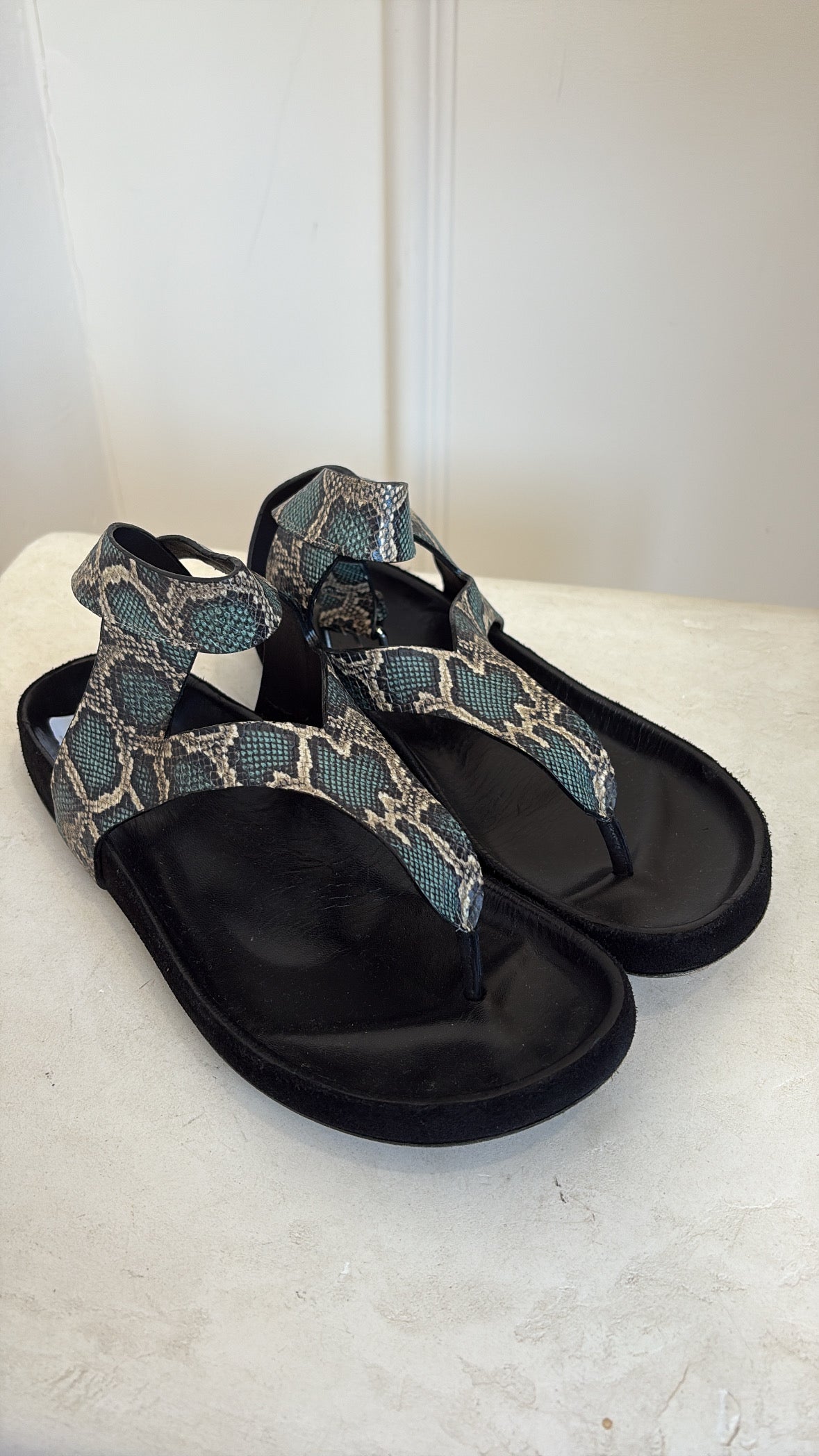 Isabel Marant Green Python Print Leather Ankle Wrap Sandal, 37