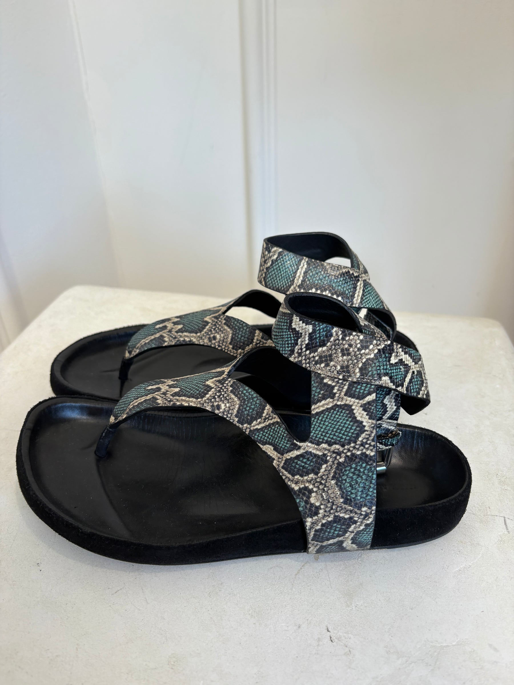 Isabel Marant Green Python Print Leather Ankle Wrap Sandal, 37