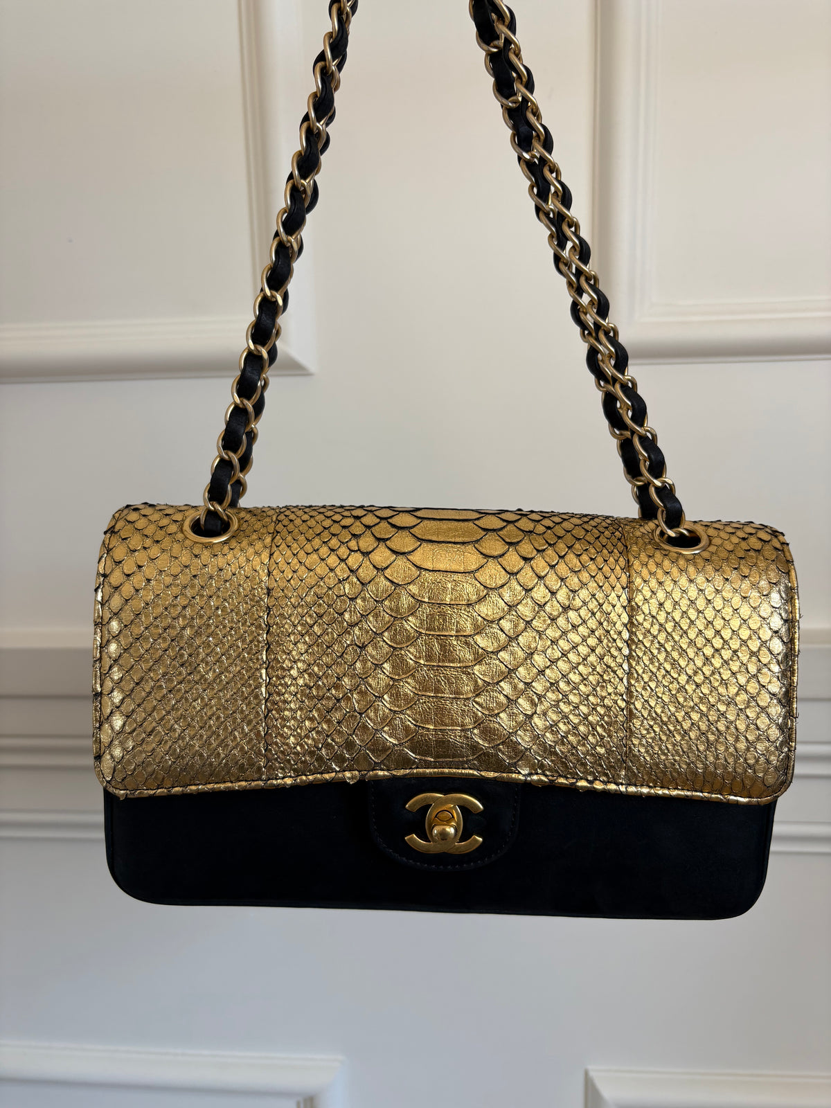 Chanel Black Suede and Gold Python Bag