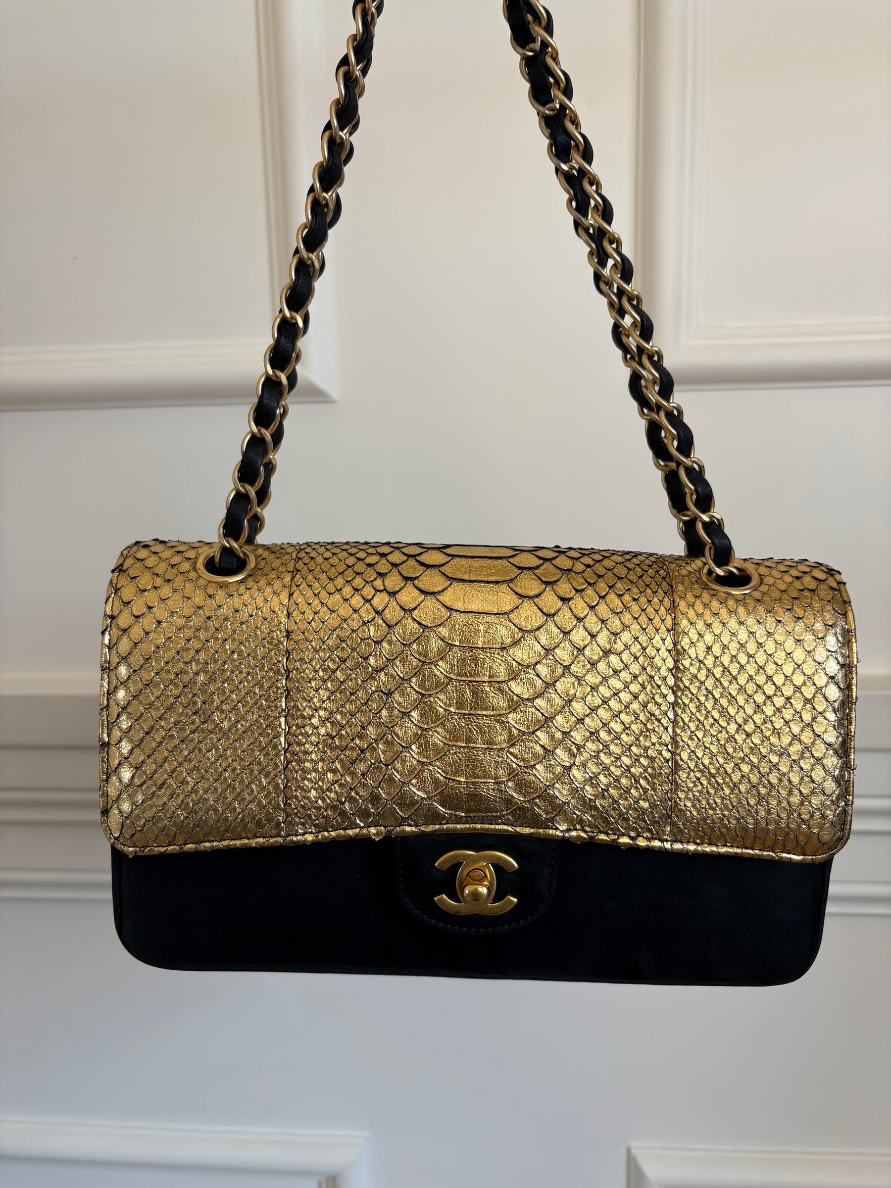 Chanel Black Suede and Gold Python Bag