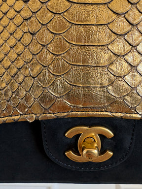 Chanel Black Suede and Gold Python Bag