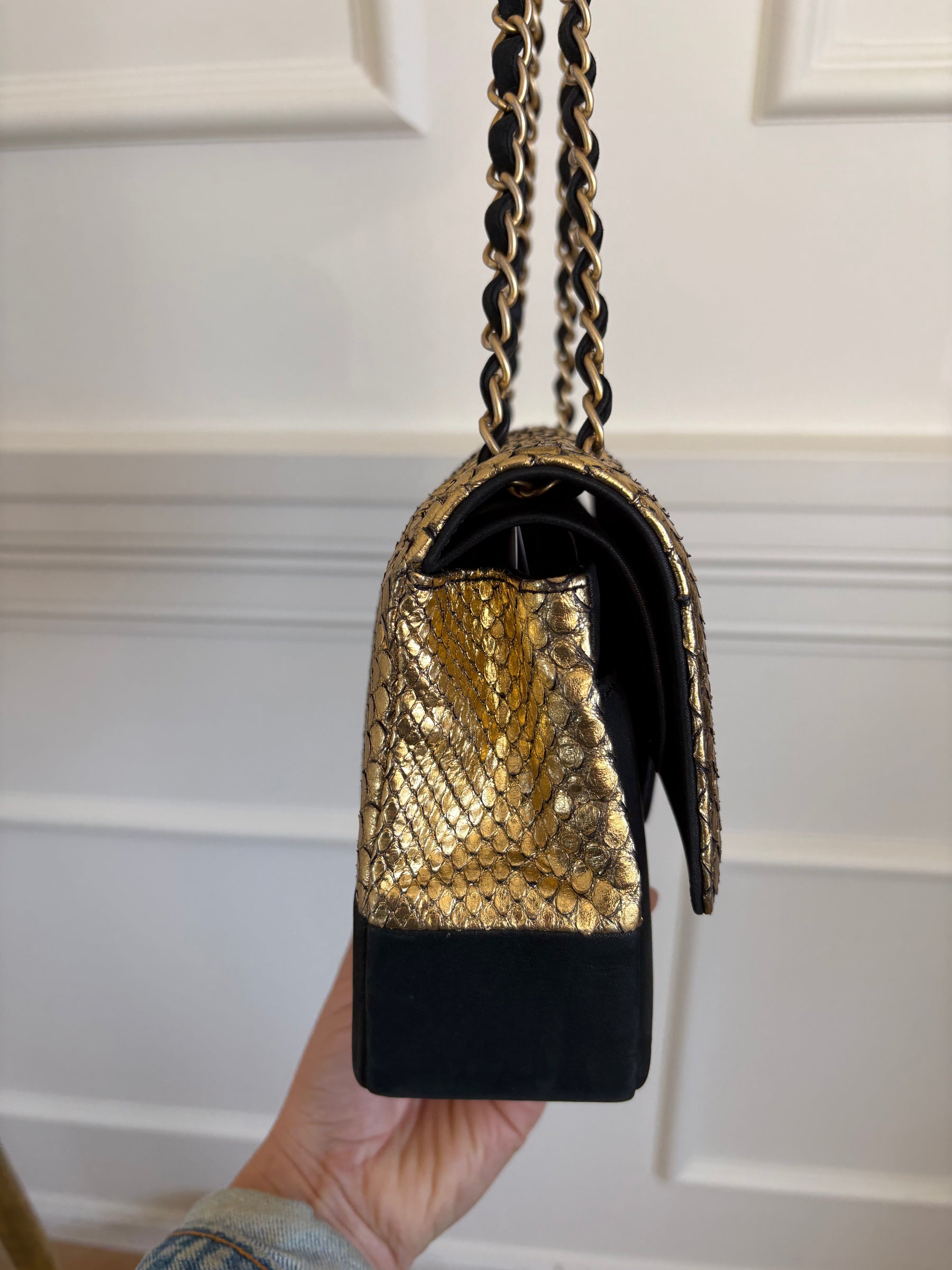 Chanel Black Suede and Gold Python Bag