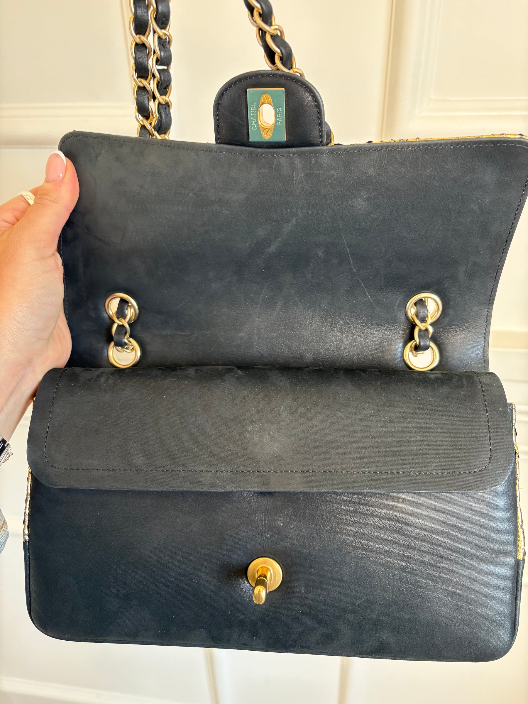 Chanel Black Suede and Gold Python Bag