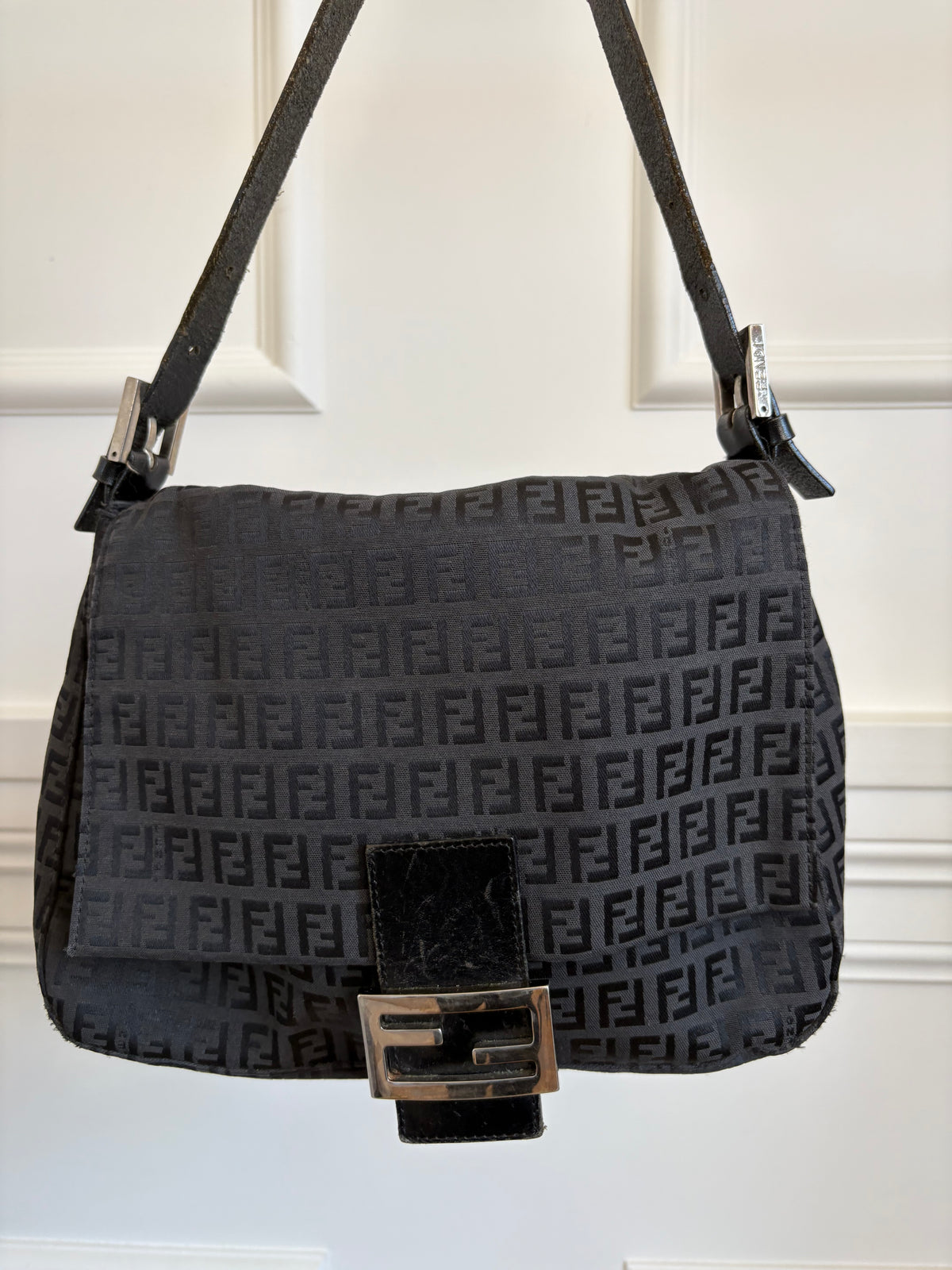 Fendi Black Canvas FF Monogram Mama Baguette Bag