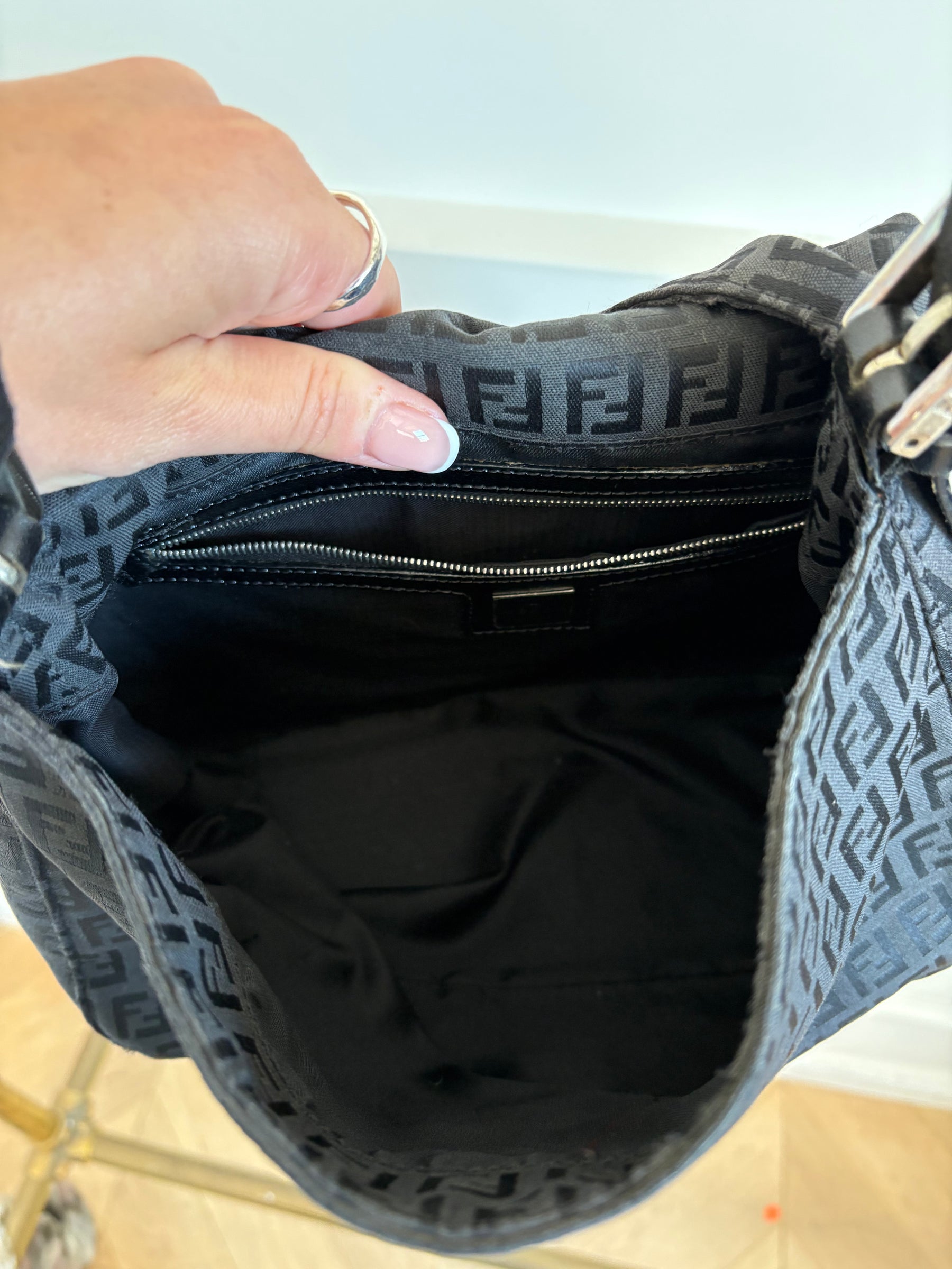 Fendi Black Canvas FF Monogram Mama Baguette Bag