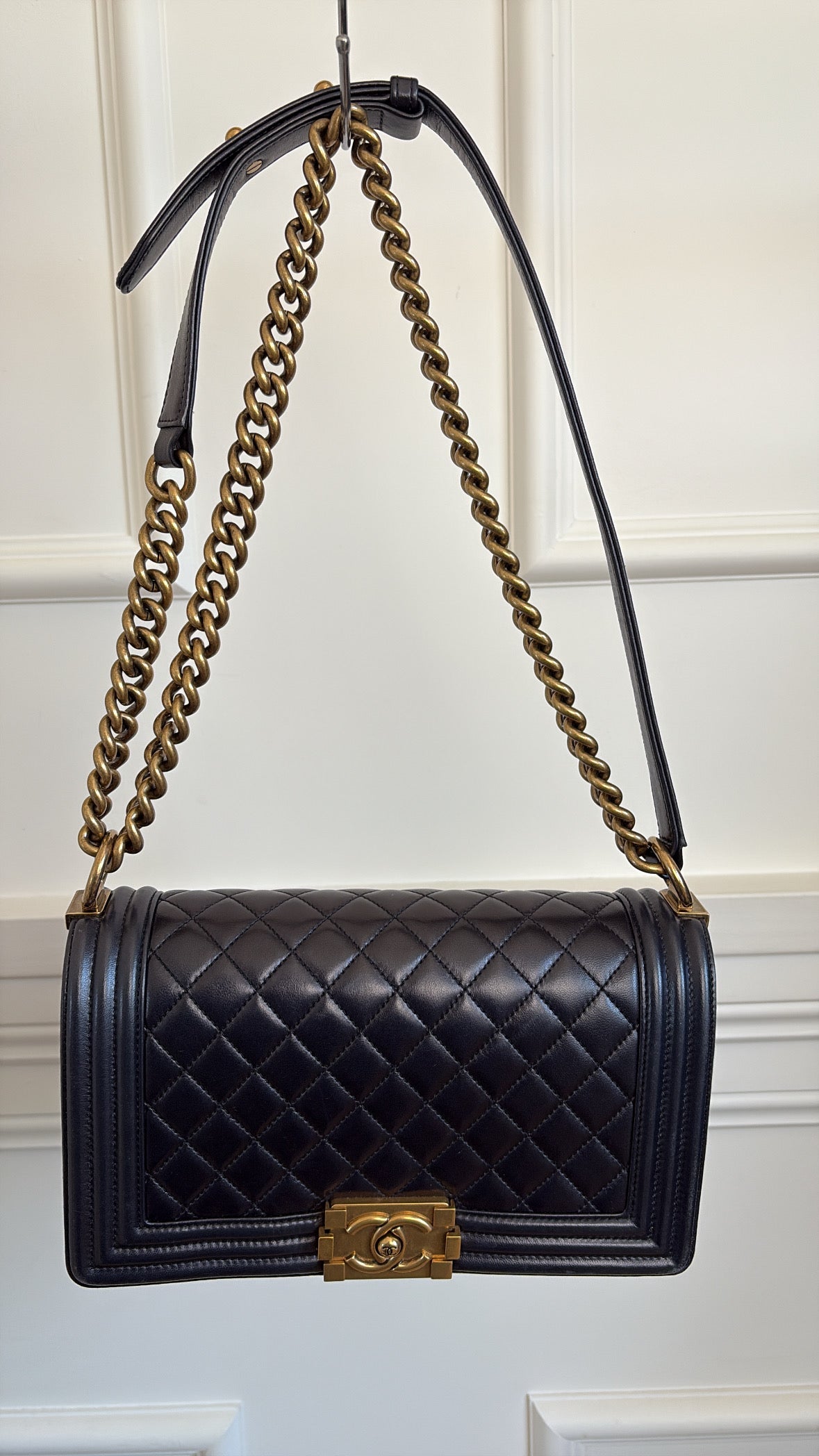 Chanel Dark Navy Lambskin Leather Boy Bag Antiqued Gold Tone Hardware
