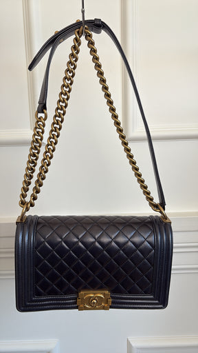 Chanel Dark Navy Lambskin Leather Boy Bag Antiqued Gold Tone Hardware