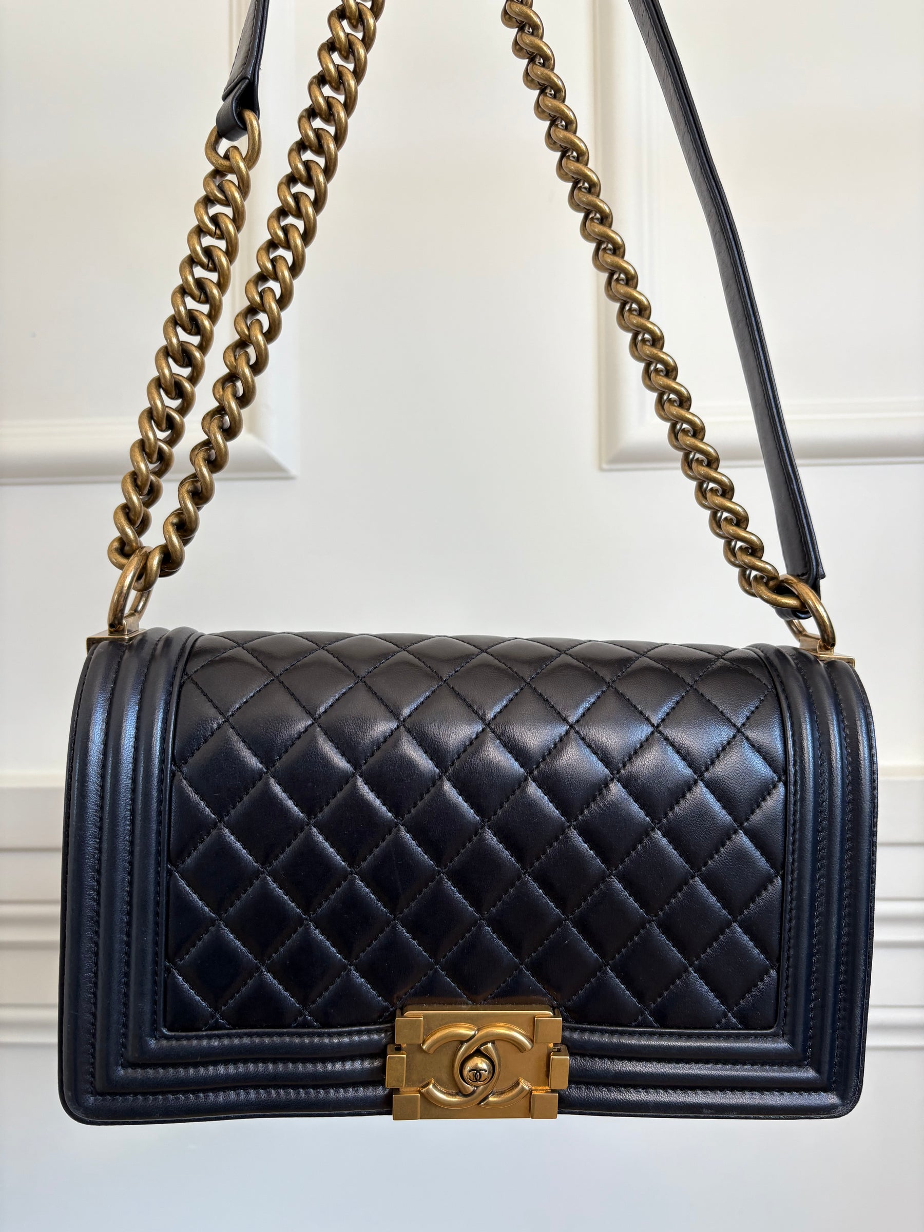 Chanel Dark Navy Lambskin Leather Boy Bag Antiqued Gold Tone Hardware