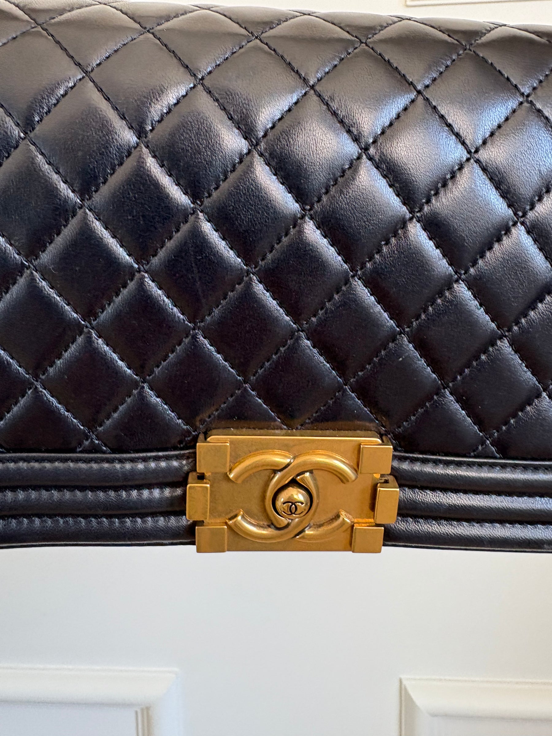 Chanel Dark Navy Lambskin Leather Boy Bag Antiqued Gold Tone Hardware