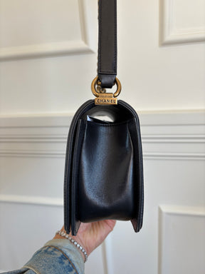 Chanel Dark Navy Lambskin Leather Boy Bag Antiqued Gold Tone Hardware