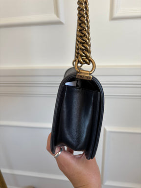 Chanel Dark Navy Lambskin Leather Boy Bag Antiqued Gold Tone Hardware