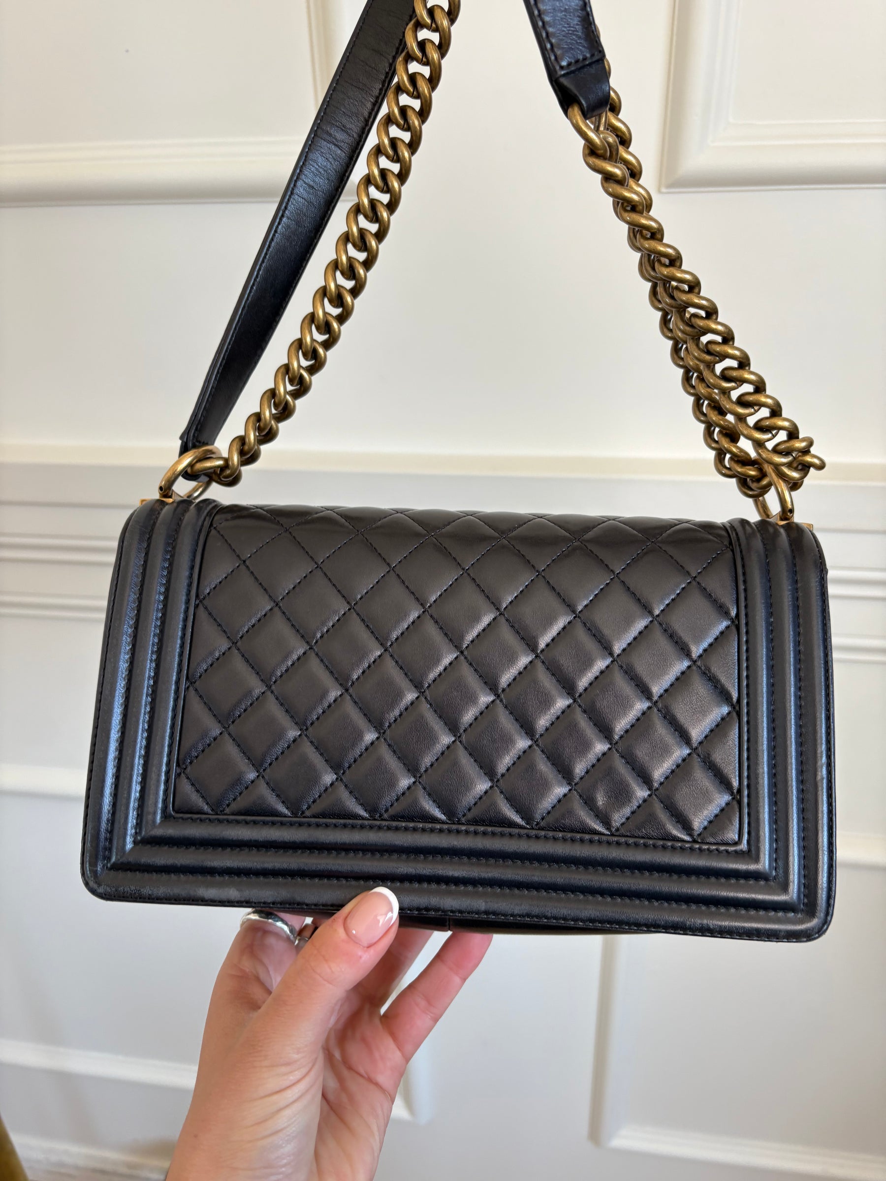 Chanel Dark Navy Lambskin Leather Boy Bag Antiqued Gold Tone Hardware