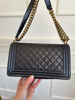 Chanel Dark Navy Lambskin Leather Boy Bag Antiqued Gold Tone Hardware