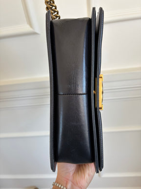 Chanel Dark Navy Lambskin Leather Boy Bag Antiqued Gold Tone Hardware