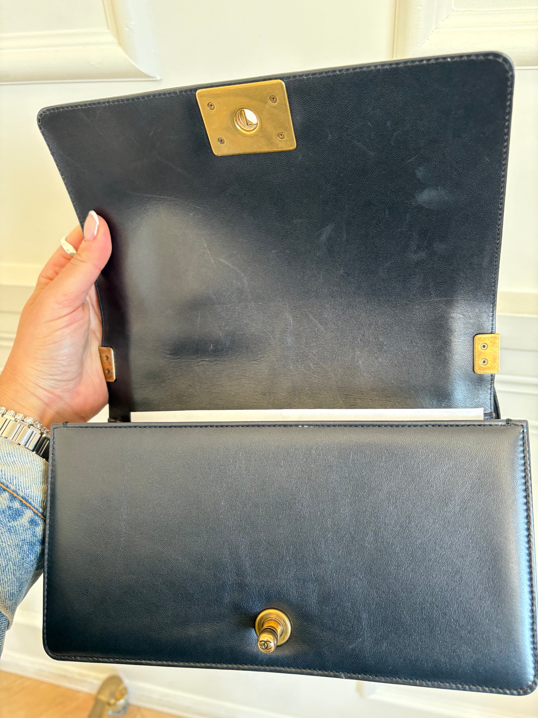 Chanel Dark Navy Lambskin Leather Boy Bag Antiqued Gold Tone Hardware