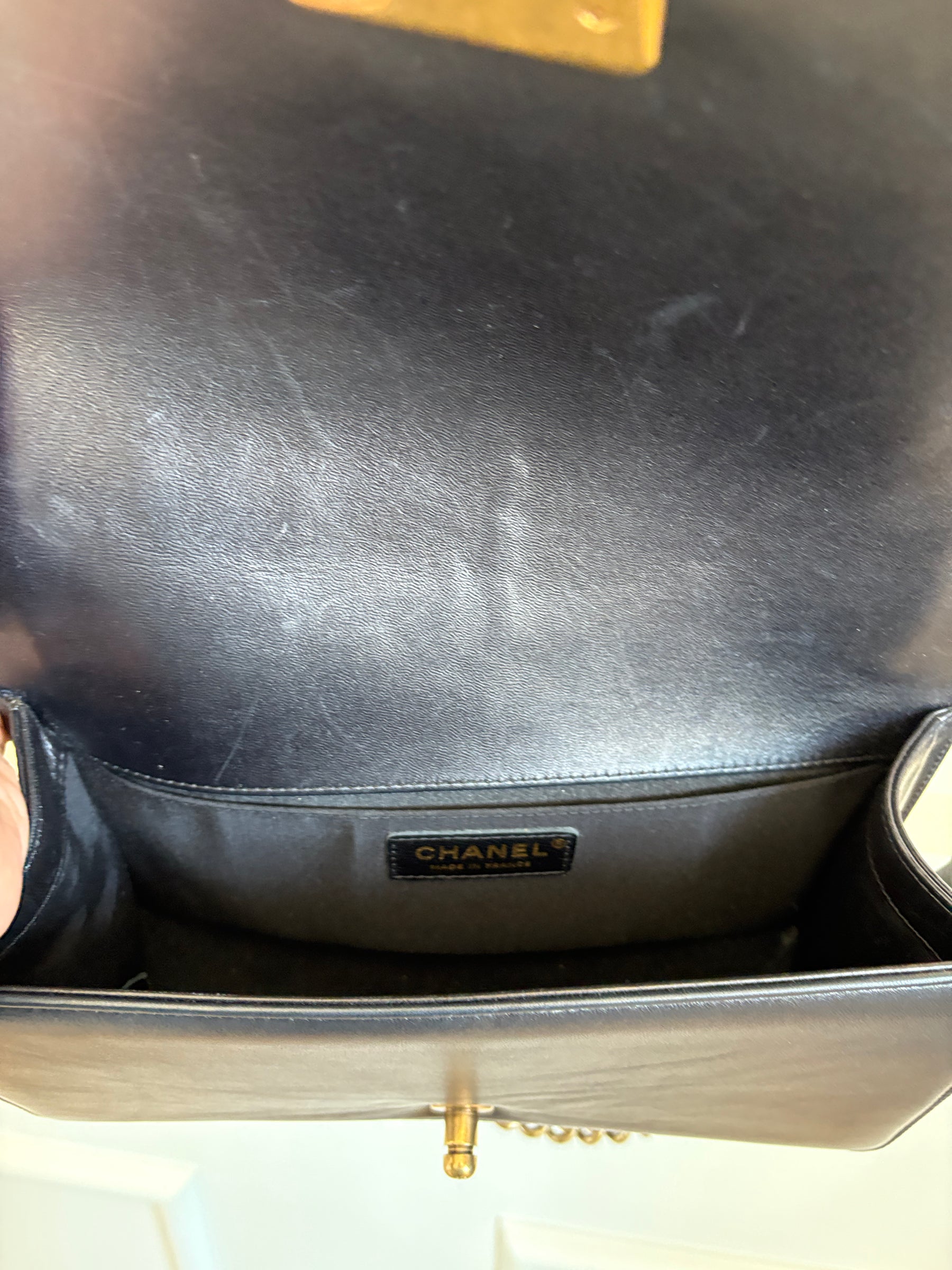 Chanel Dark Navy Lambskin Leather Boy Bag Antiqued Gold Tone Hardware