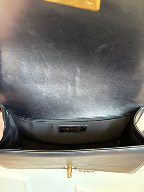 Chanel Dark Navy Lambskin Leather Boy Bag Antiqued Gold Tone Hardware