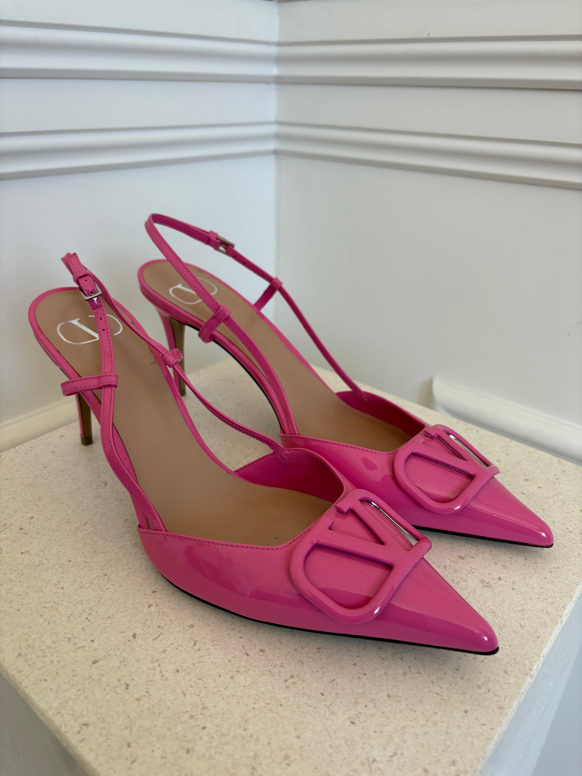 Valentino Garavani Pink Patent V Logo Slingback Pump, 41