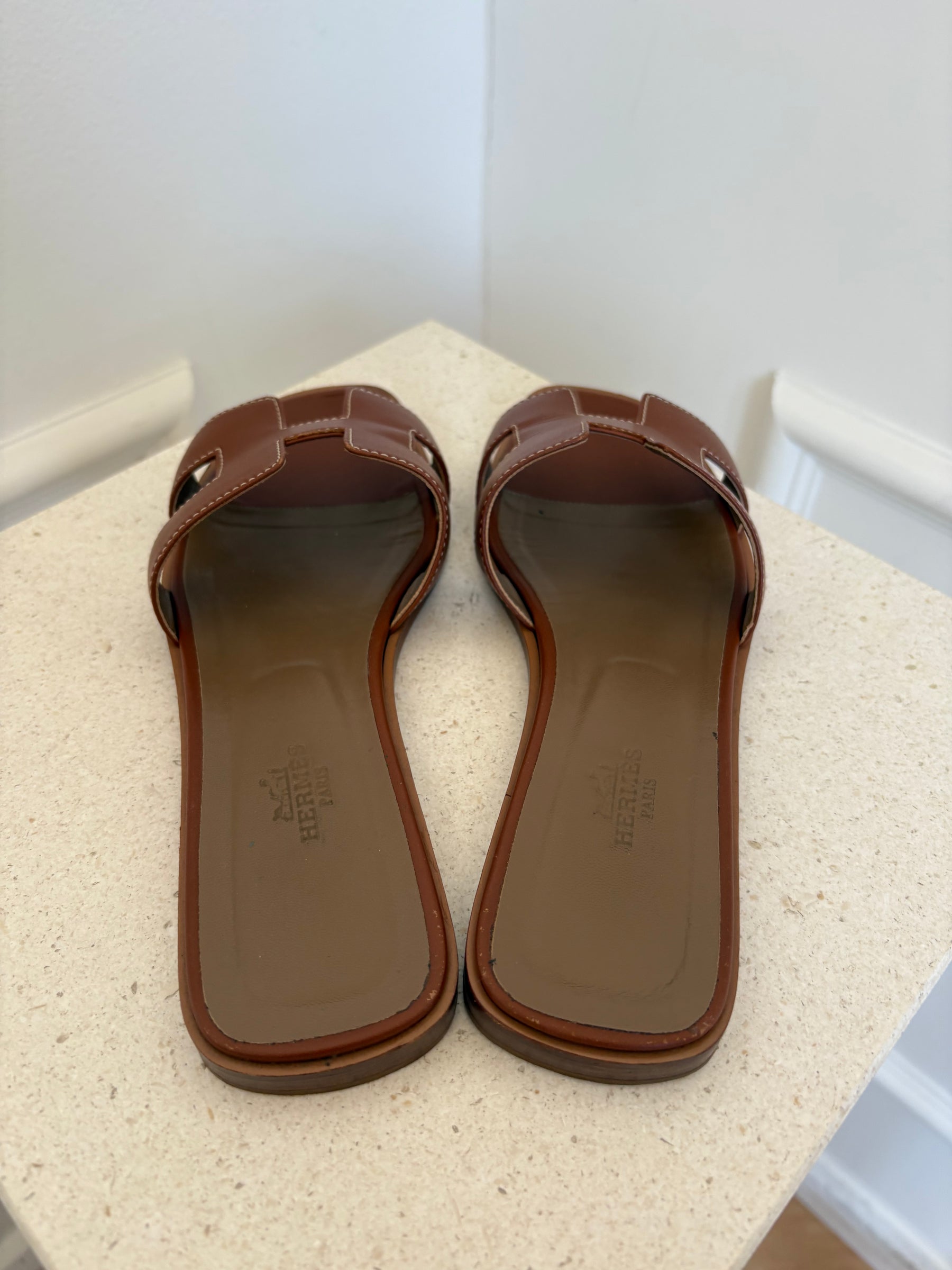 Hermès Gold Leather Oran Sandals, 38.5