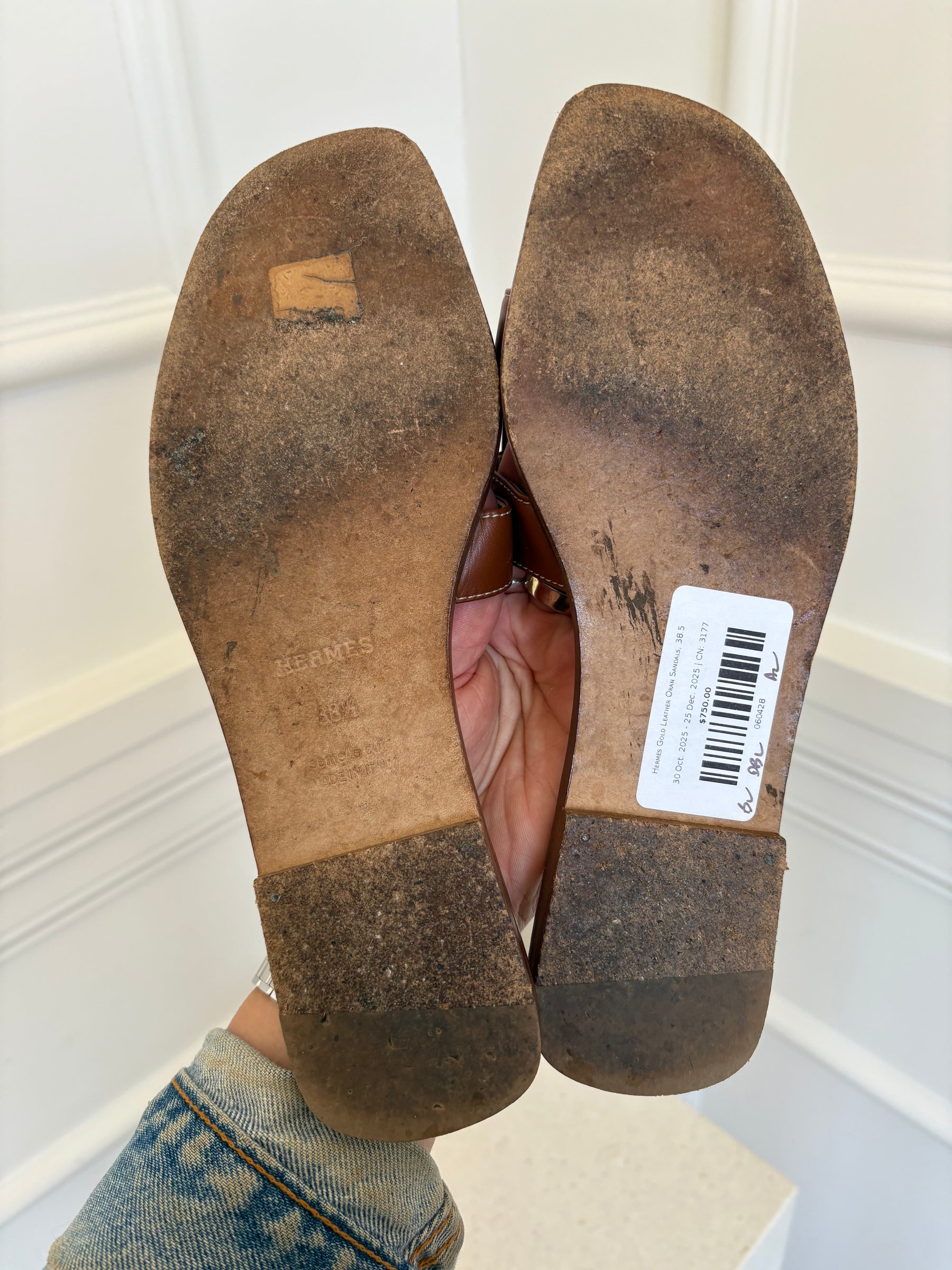 Hermès Gold Leather Oran Sandals, 38.5