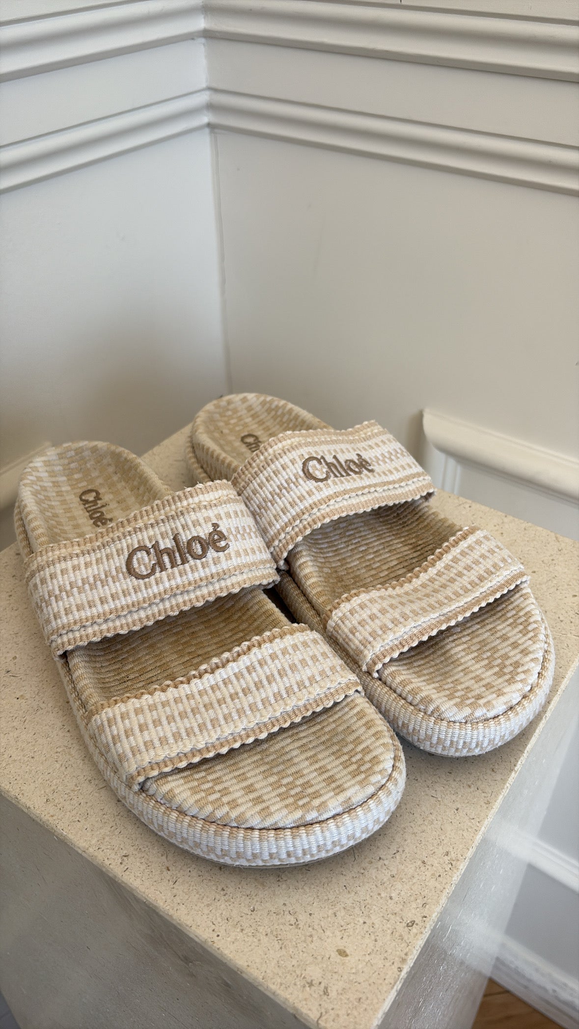 Chloe Rori Cream Beige Double Strap Slides, 40