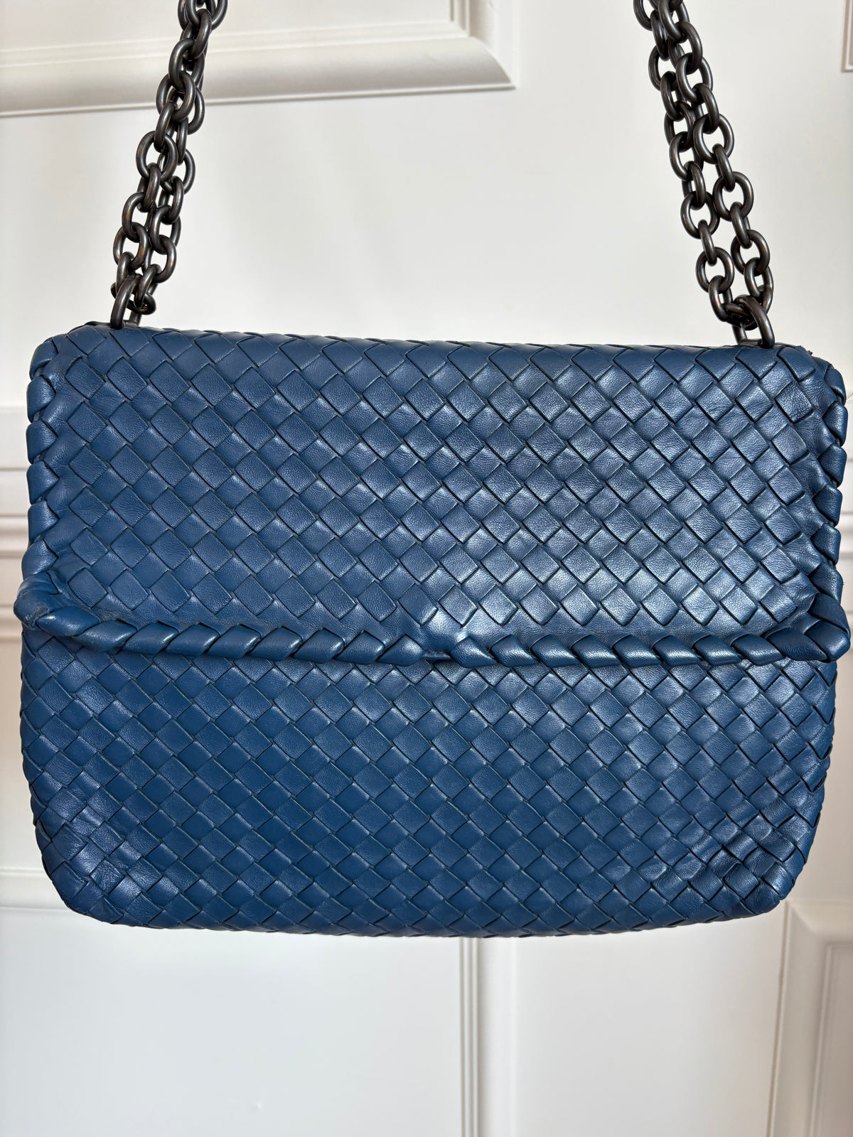 Bottega Veneta Blue Intrecciato Leather Olimpia Shoulder Flap Bag, S