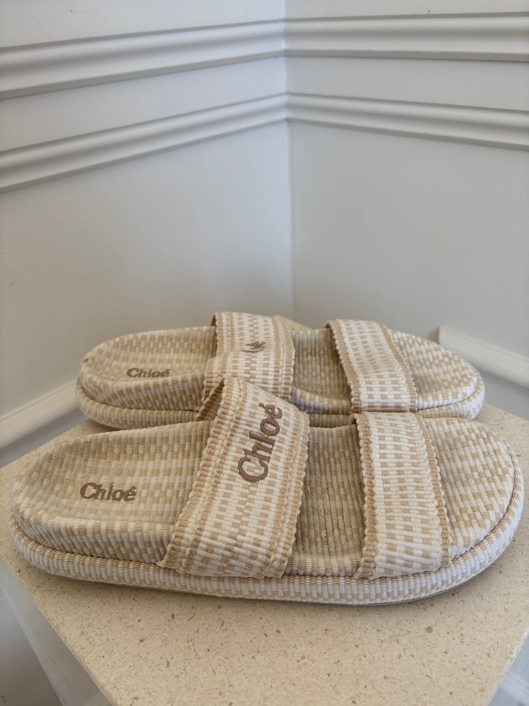 Chloe Rori Cream Beige Double Strap Slides, 40