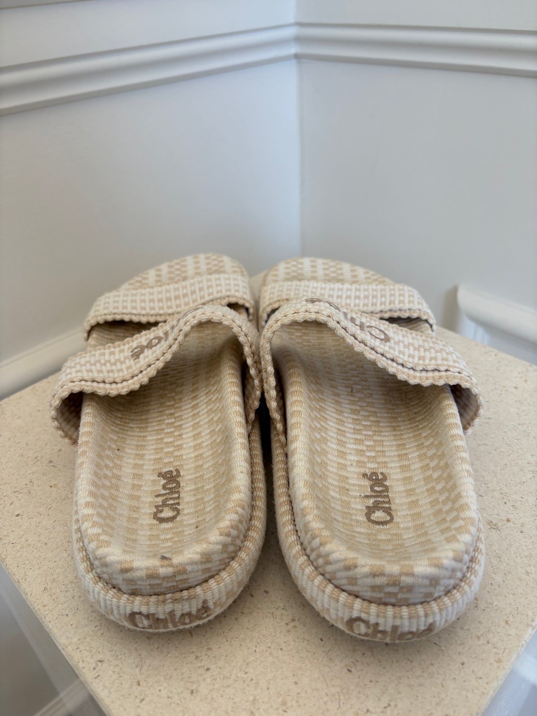 Chloe Rori Cream Beige Double Strap Slides, 40