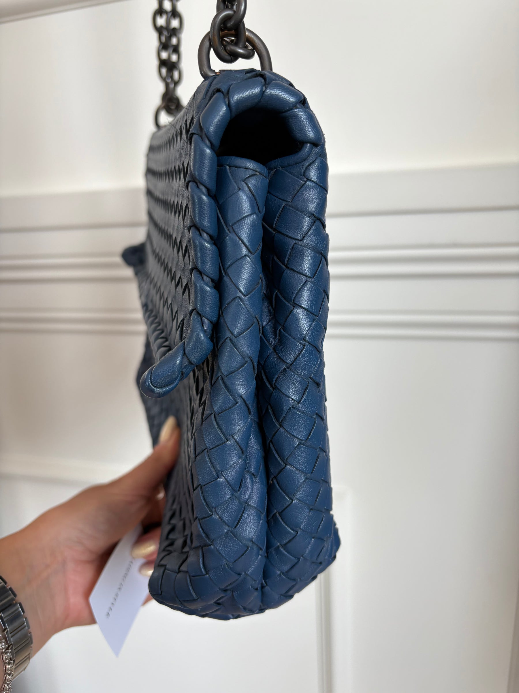 Bottega Veneta Blue Intrecciato Leather Olimpia Shoulder Flap Bag, S