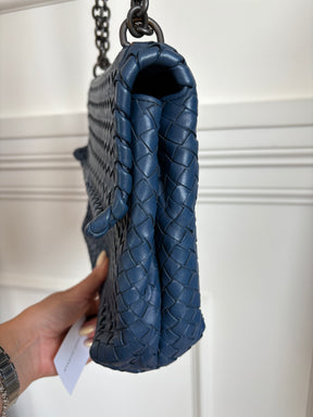 Bottega Veneta Blue Intrecciato Leather Olimpia Shoulder Flap Bag, S