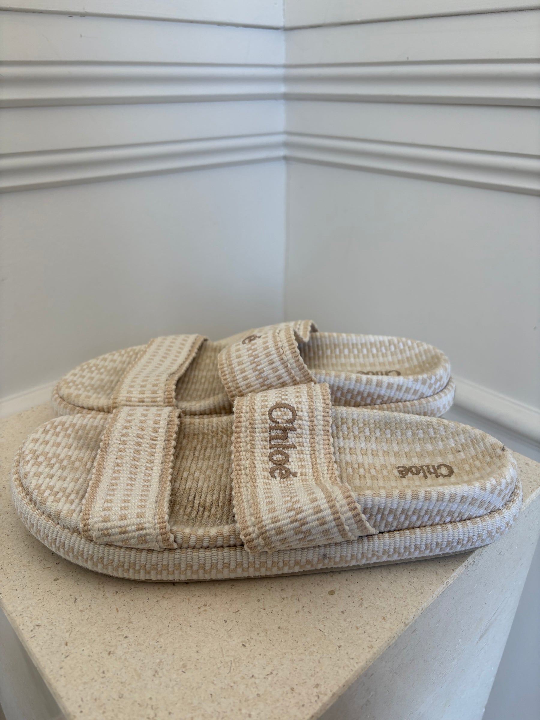 Chloe Rori Cream Beige Double Strap Slides, 40