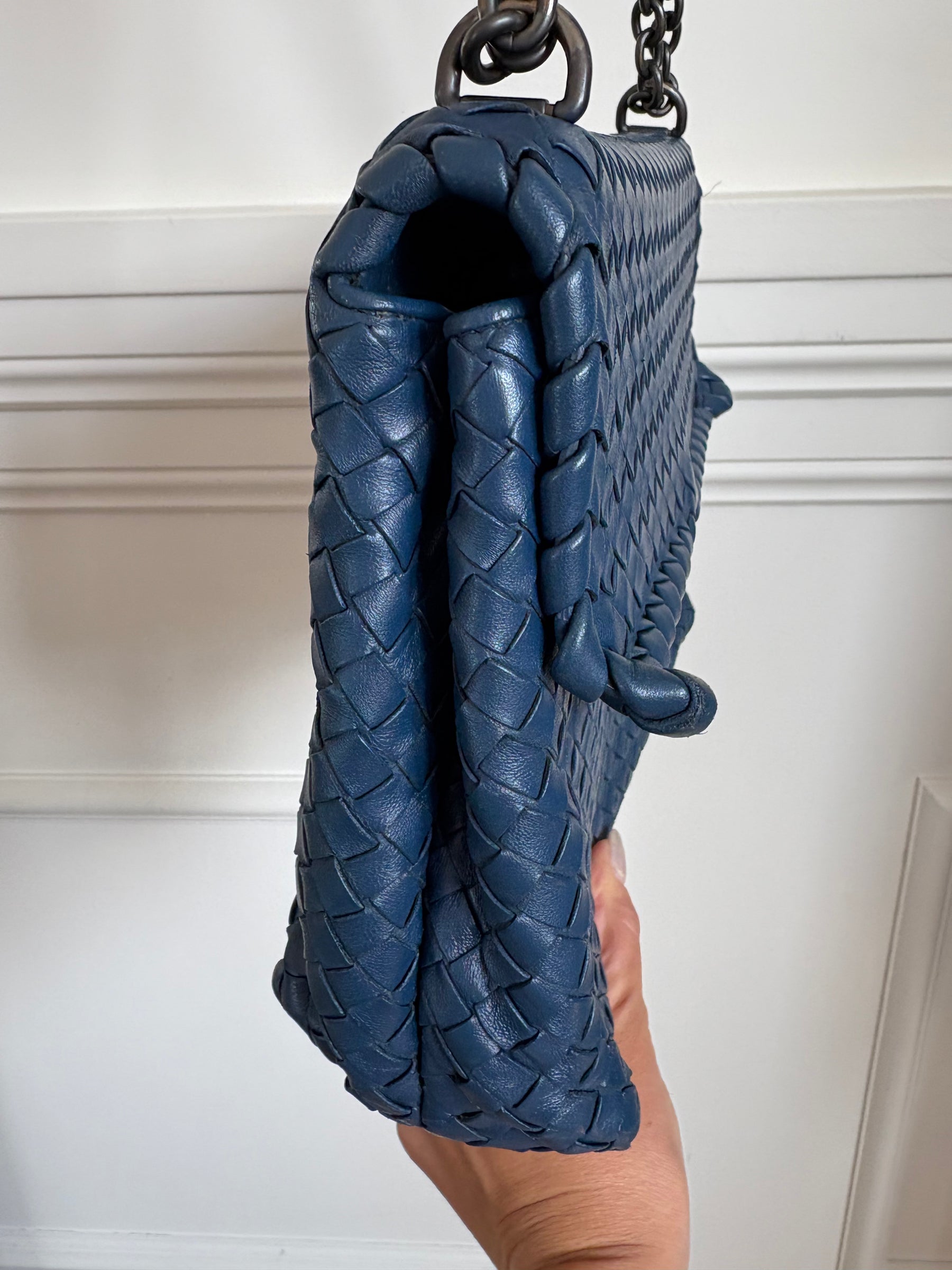 Bottega Veneta Blue Intrecciato Leather Olimpia Shoulder Flap Bag, S