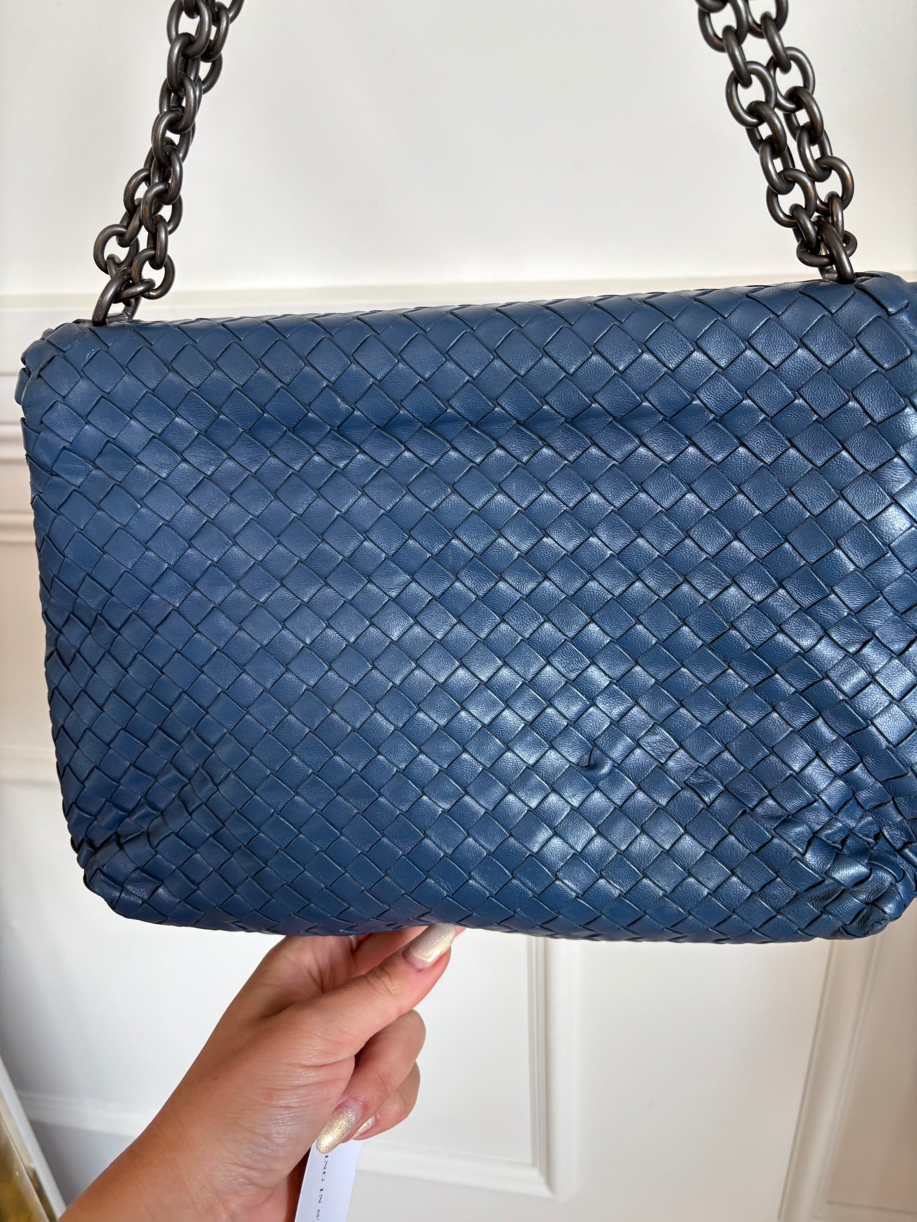 Bottega Veneta Blue Intrecciato Leather Olimpia Shoulder Flap Bag, S