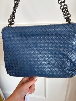 Bottega Veneta Blue Intrecciato Leather Olimpia Shoulder Flap Bag, S