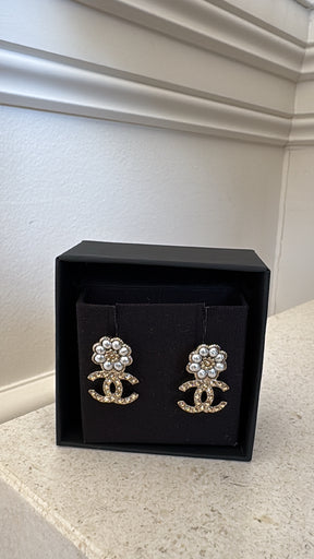 Chanel Gold Tone Crystal and Pearl CC Earrings