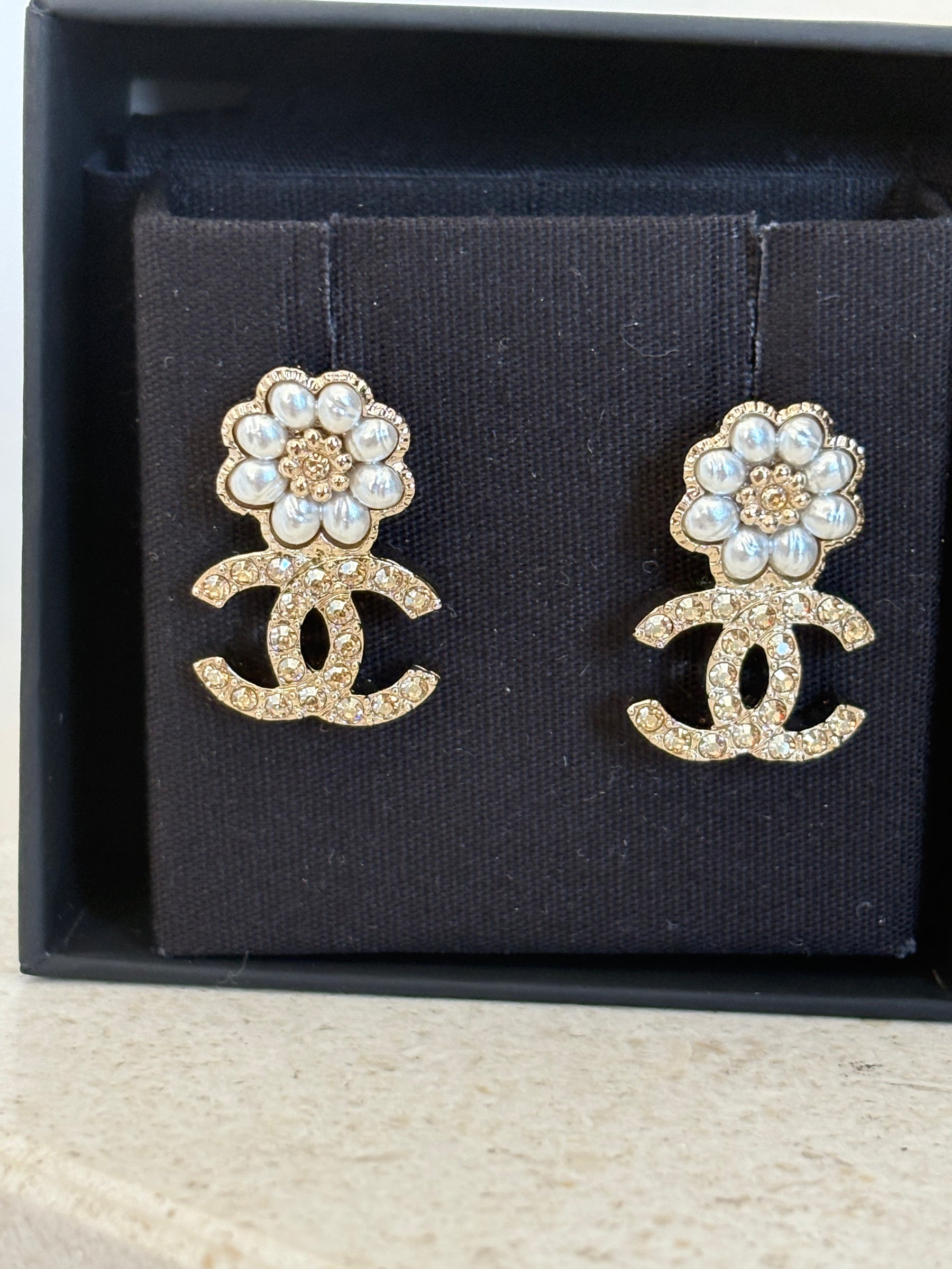Chanel Gold Tone Crystal and Pearl CC Earrings