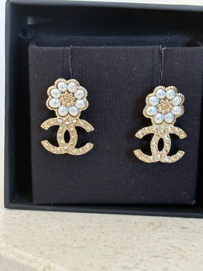 Chanel Gold Tone Crystal and Pearl CC Earrings