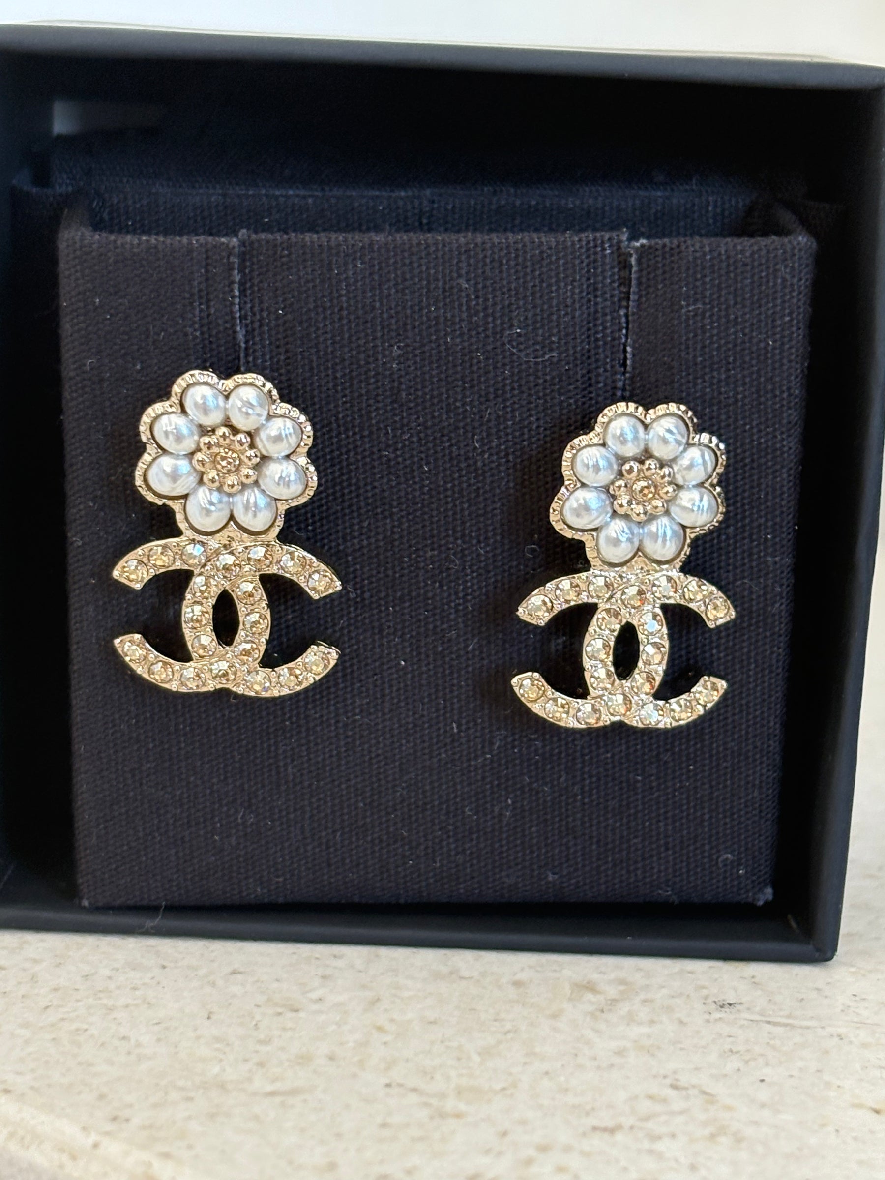 Chanel Gold Tone Crystal and Pearl CC Earrings